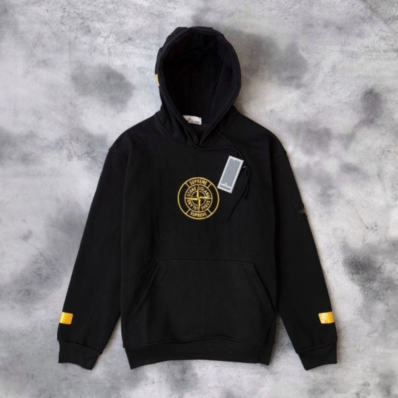 SWEATER HOODIE ST0NE ISL4ND X SUPR3ME HITAM GOLD AUTHENTIC