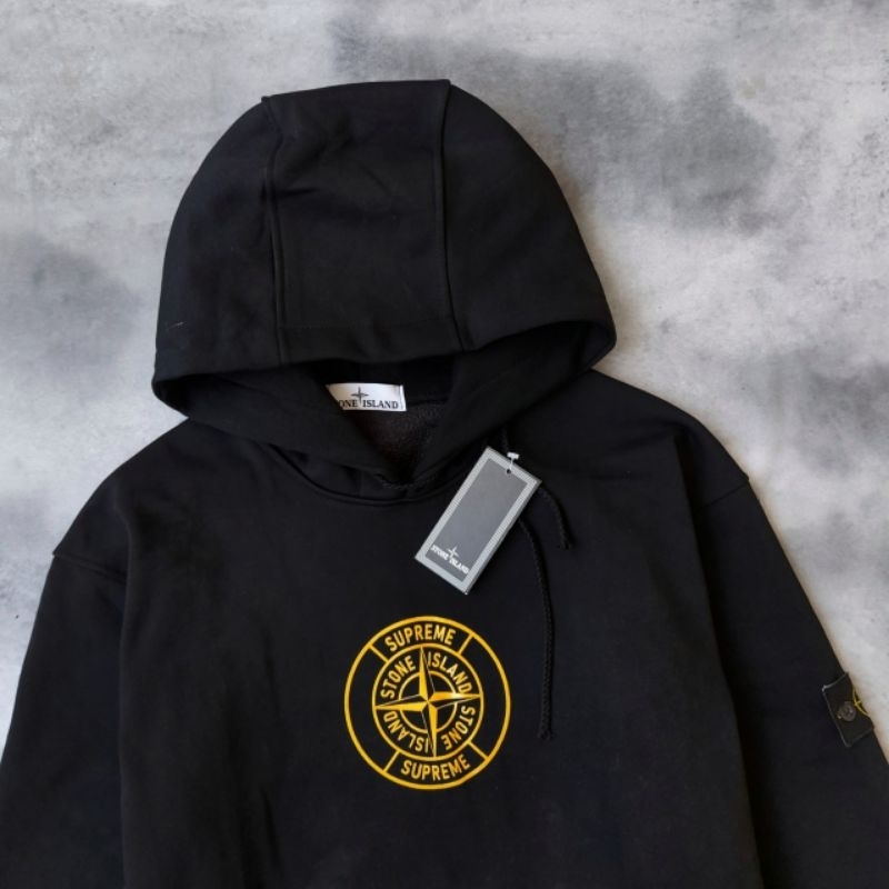 HOODIE JAKET SWEATER STONE ISLAND X SUPRRME HITAM FULLTAG