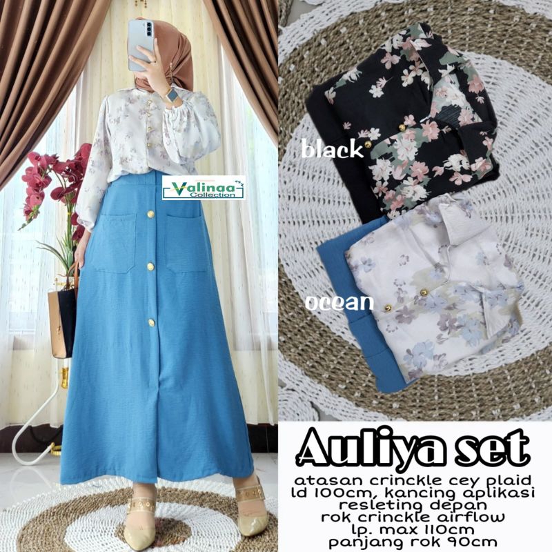 Auliya Set Rok Dewasa Terbaru Setelan Blouse Flower Vintage Premium Dan Rok Polos Crinkle Kancing De