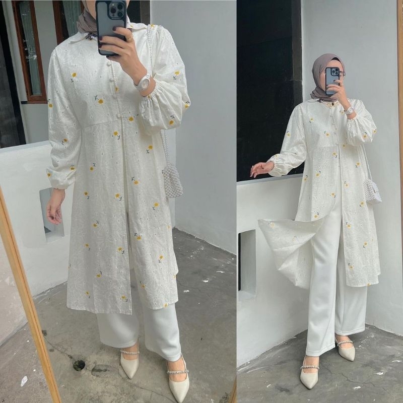 ORINA KHAFJI FLOWER TUNIC by Outfix / Tunik Putih Polos / Tunik Brukat Brokat