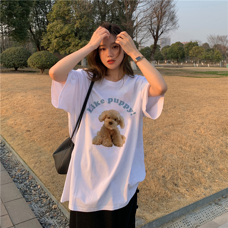 XiaoZhaiNv Kaos Atasan Oversize Wanita Cream Puppy Pattern Lengan Pendek A0081