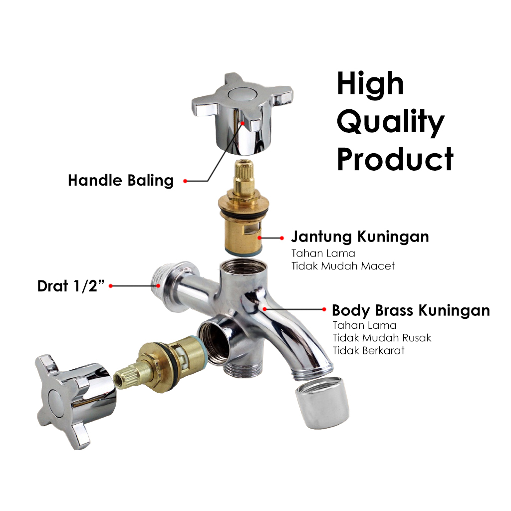 KRAN Shower Cabang Anti Karat / Keran Air Double / Kran Shower Chrome / Kran Air 2 Lubang 2 Valve Berbeda / Kran Shower Drat 1/2"