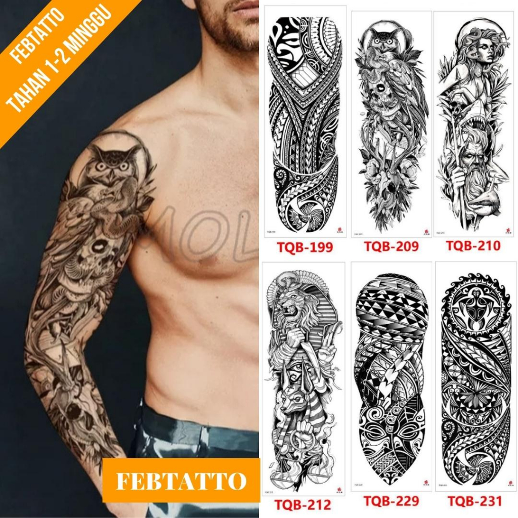 Tato Temporer Ukuran 17cmx48cm Motif Aesthetic Tatto Temporary Stiker Tato Halal Grosir Tato air motif tribal, burung hantu, perempuan ular, singa, tribal kura kura TQB 209