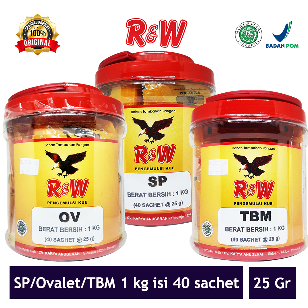 Emulsifier SP Ovalet TBM Pengemulsi Pelembut Pengembang Kue Roti Rajawali R&amp;W RW 1 Kg Toples 25 gr isi 40 sachet