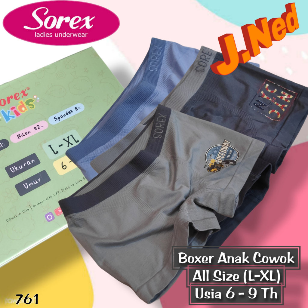 J761T (isi 3 pcs) BOXER ANAK COWOK RAJUT SOREX SIZE ALLSIZE usia 6 - 9 th