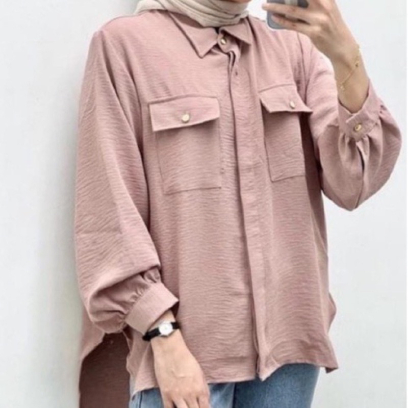 Kemeja Polos Oversize Wanita Crinkle Akrflow Karina Blouse Lengan Panjang Full Kancing Hidup Saku Dua