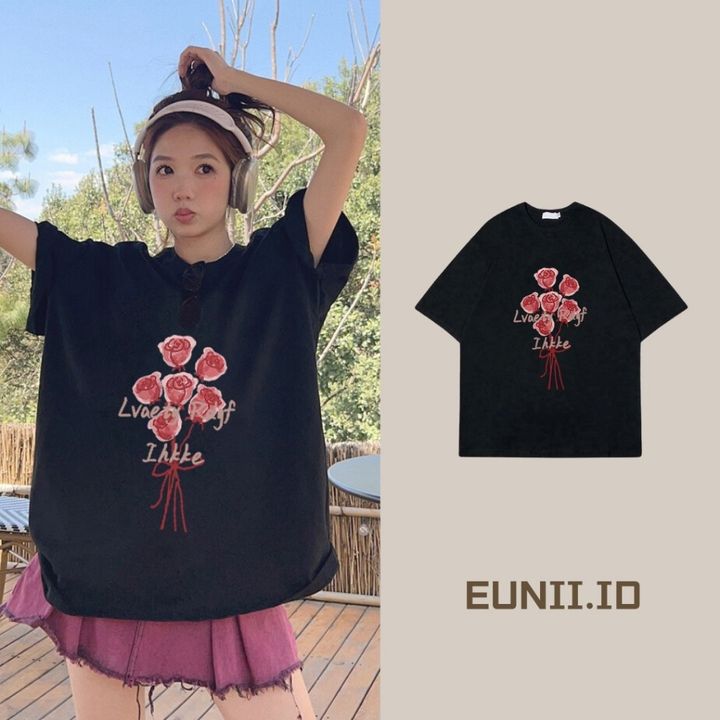 EUNII T-shirt Lengan Pendek Cartoon Red Flowers Korean Style/Kaos Atasan Wanita/Baju Kaus Oversize Wanita/Kaos Wanita