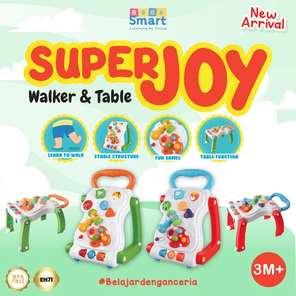 Alat bantu jalan bayi  BEBE SMART SUPER JOY WALKER &amp; TABLE MAINAN TABLE WALKER ANAK 2in1 bisa jadi meja lengkap dengan mainan edukasi