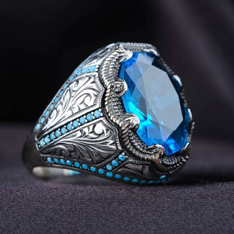 Cincin Pria Batu Zircon Biru Bling Bling Ring S925