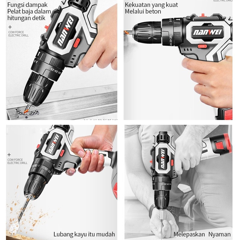 Bor cordless dengan isi ulang baterai lithium 42V/12V /Elektrik Drill/ bor listrik/beton besi kayu full set pilihan Bor tanpa kabel SURPABAYA