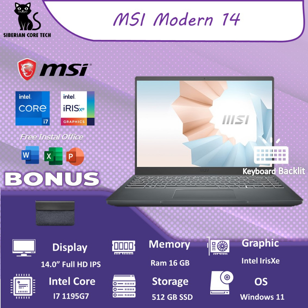 LAPTOP MSI MODERN 14 | I7 1195G7 | RAM 8GB | 512SSD | IRISXE | 14.0FHD IPS