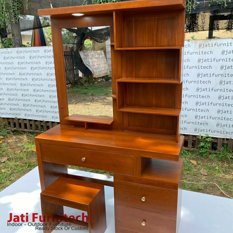 Meja Rias Minimalis Kayu Jati + Led Lampu