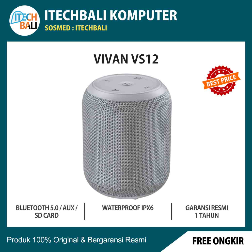 Speaker VIVAN VS12 Bluetooth 5.0 Waterproof IPX6 Grey | ITECHBALI