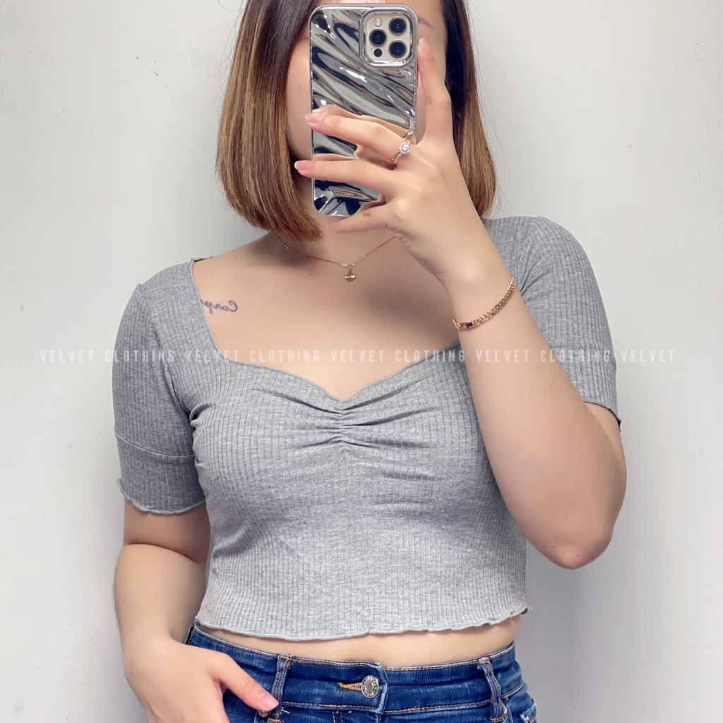 Crop Top Neci Squareneck Rib / Crop Top Polos Neci Wanita / Crop Lengan Pendek Knit Wanita 4166