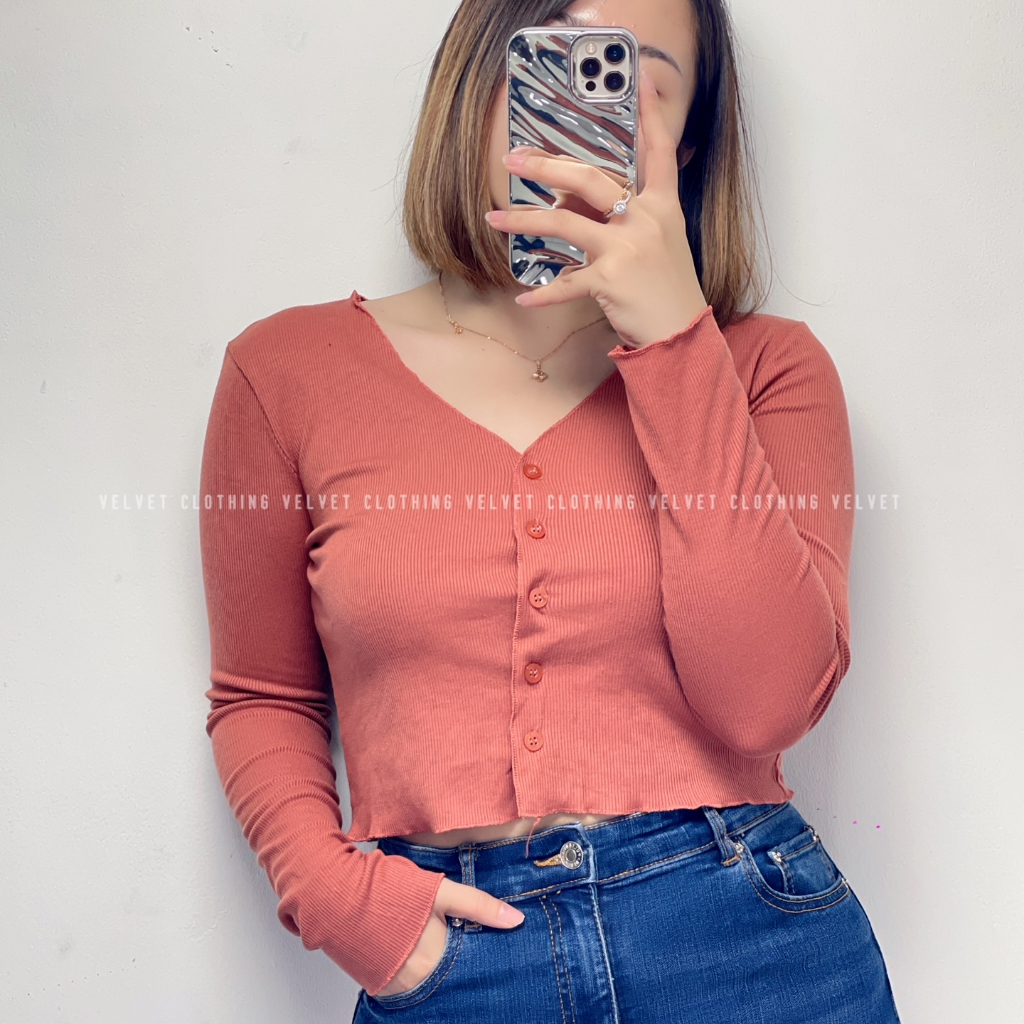 Crop Top Vneck Button Knit Long Sleeve / Blouse kancing Lengan Panjang Wanita 4049