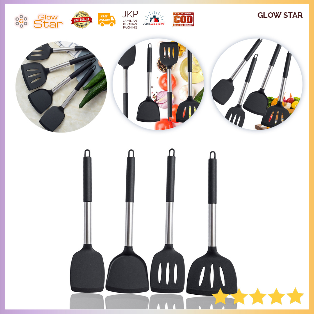 Spatula Sendok sodet Sutil penggorengan Stainless Steel Silicone Handle teflon wajan cekung goreng anti legket hitam kualitas premium tebal