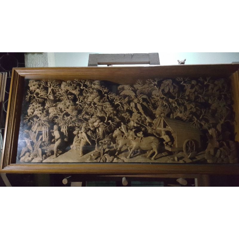 Hiasan dinding kayu jati - Ukiran relief suasana pedesaan