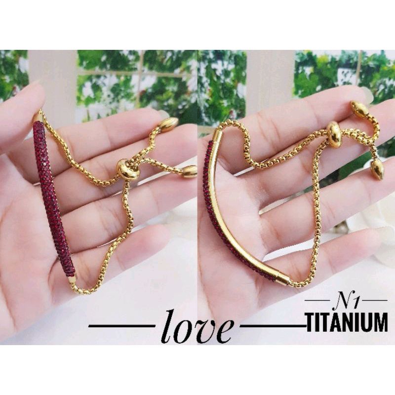 Gelang Serut Titanium Gold Permata Merah Cantik Awet Anti Karat 1104a2