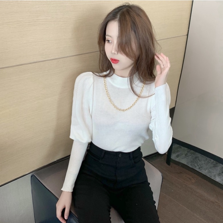 【 Bra Mall 】BJ-008 Atasan Korean Style Import Rajut Premium Lengan Panjang | Blouse Rajut Lengan Balon Callie Necklace Import