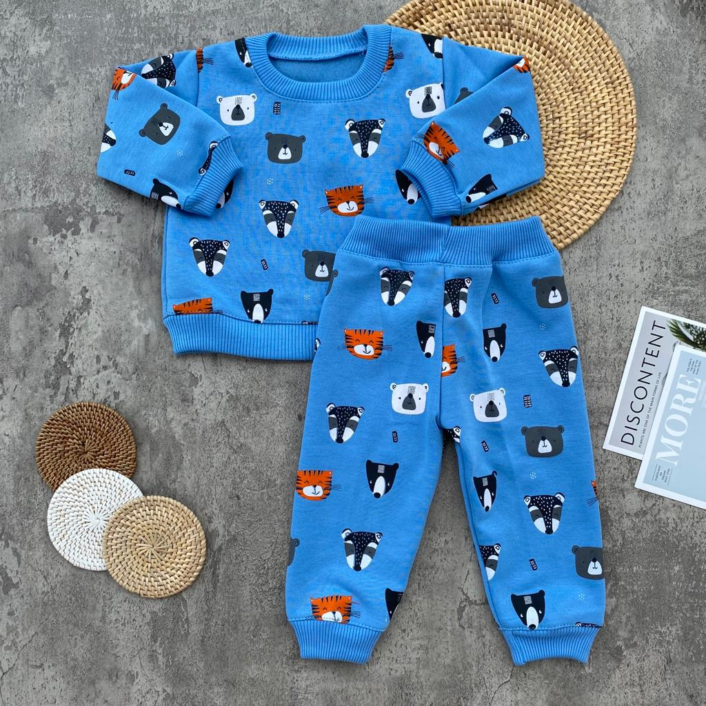 Setelan Baju Bayi Setelan Sweater Celana Joger Motif Safari Bahan Katun Fleece Usia 3-12 Bulan Anababy