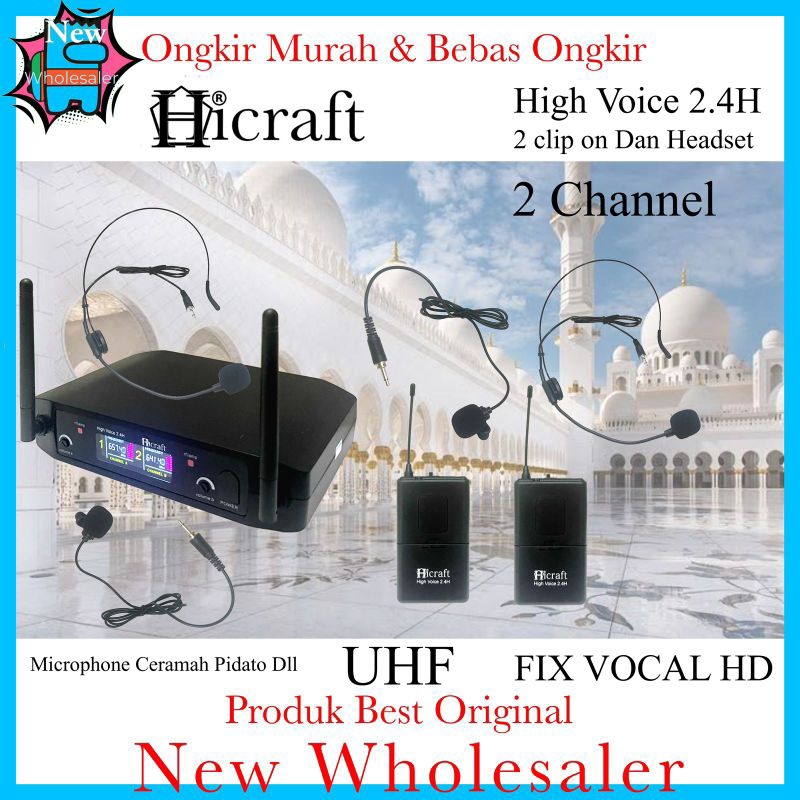 Mic wireless Hicraft High Voice 2.4 H Clip on headset bando 2 channel Microphone Pidato ceramah Iman