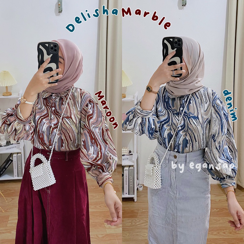 Delisha Marble | Kemeja Abstrak Marble Blouse Lengan Balon Atasan Kekinian Korean Style