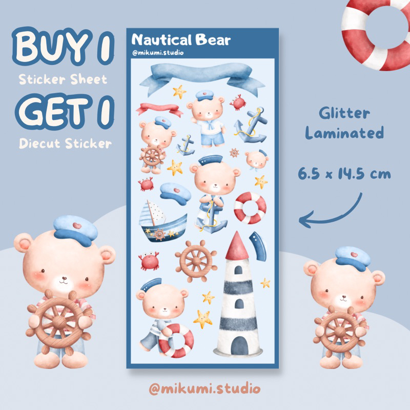 

[MIKUMI] Nautical Bear Doff and Glitter Sticker Sheet | Glitter Sticker | Kiss Cut sticker | Deco sticker | Journaling Kits | Bujo Kits | Planner Sticker | Stiker Planner | Sticker Lucu | Sticker Planner | Sticker Bujo | Deco Kit | Scrapbook Sticker