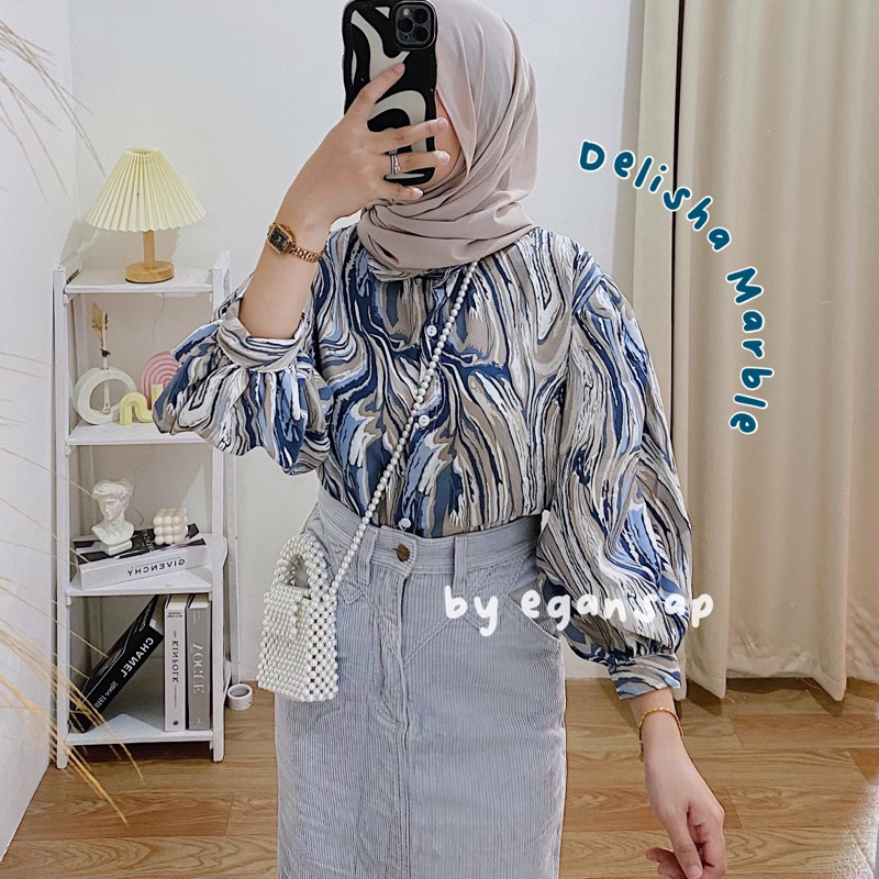 Delisha Marble | Kemeja Abstrak Marble Blouse Lengan Balon Atasan Kekinian Korean Style