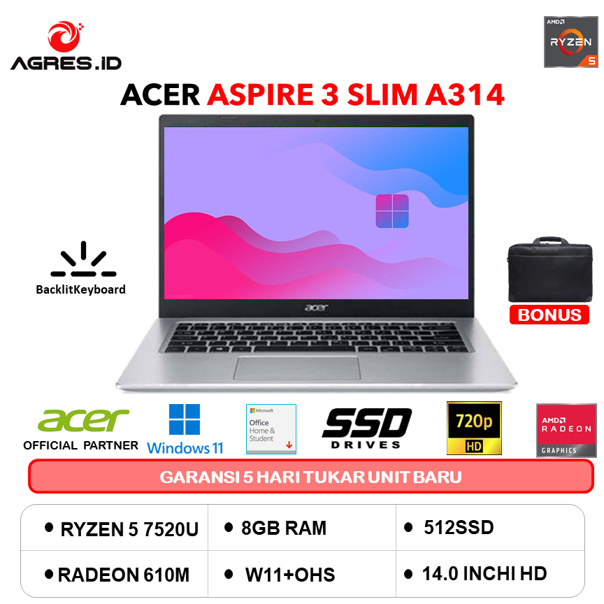 ACER ASPIRE 3 SLIM A314 RYZEN 5 7520 8GB 512GB W11+OHS 14.0 SLV -R897