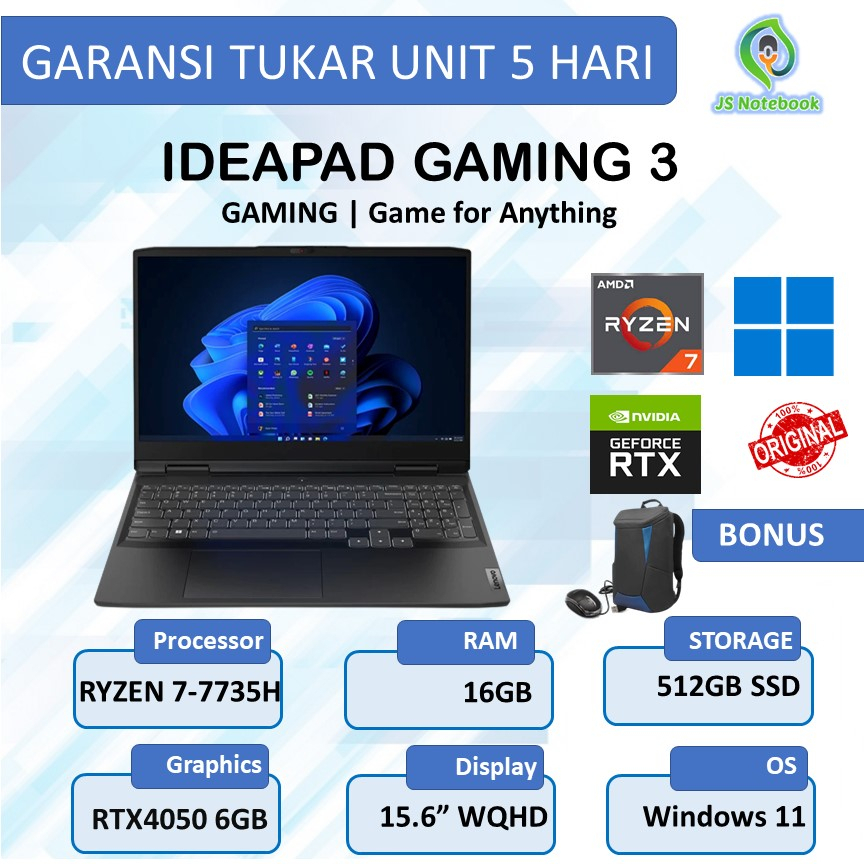 LENOVO IDEAPAD GAMING 3 2023 RTX4050 6GB RYZEN 7-7735H 16GB 512SSD W11