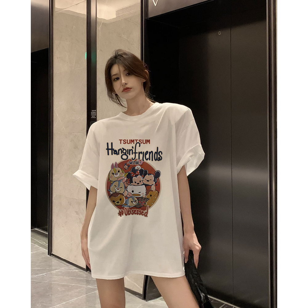 XiaoZhaiNv Kaos Atasan Oversize Wanita Disney Mickey Mouse Pattern Lengan Pendek A0307