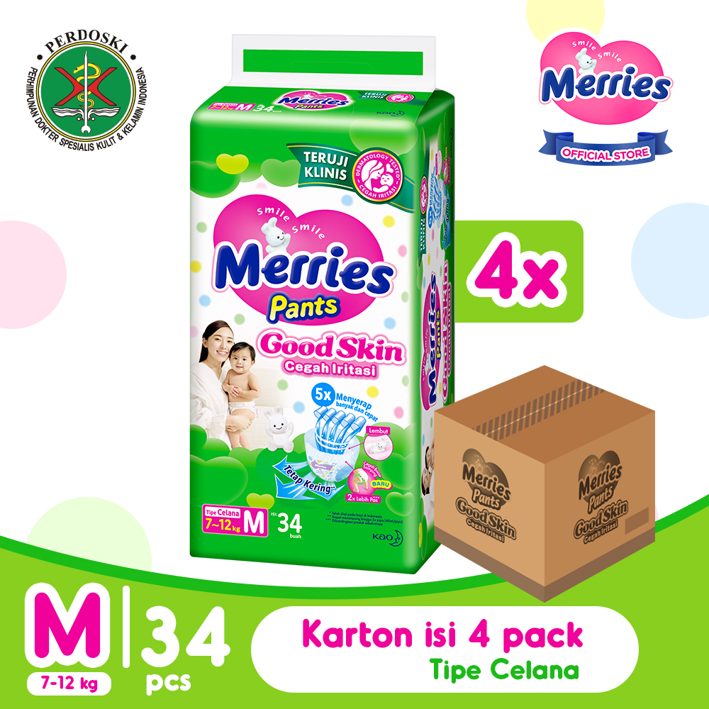 Merries Good Skin Pants Popok Perlengkapan Bayi M(7 - 12)kg Kurangi Risiko Alergi Pada Kulit Bayi Isi 32+2 Buah Carton