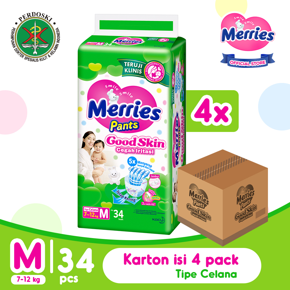 Merries Good Skin Pants Popok Perlengkapan Bayi M(7 - 12)kg Kurangi Risiko Alergi Pada Kulit Bayi Isi 32 Buah Carton