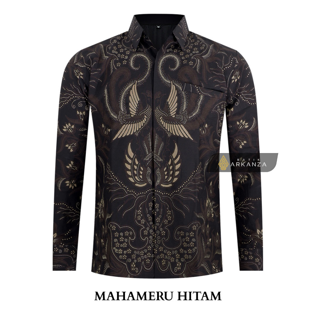 GUDANG BATIK ARKANZA Motif MAHAMERU HITAM Kemeja Batik Pria Slimfit Full Furing