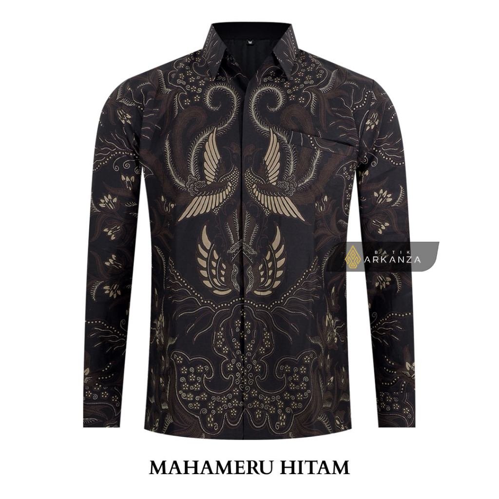 BATIK ARKANZA Motif MAHAMERU HITAM Hem Atasan Kemeja Baju Batik Pria Cowok Produsen Slimfit Memakai Furing Lengan Panjang