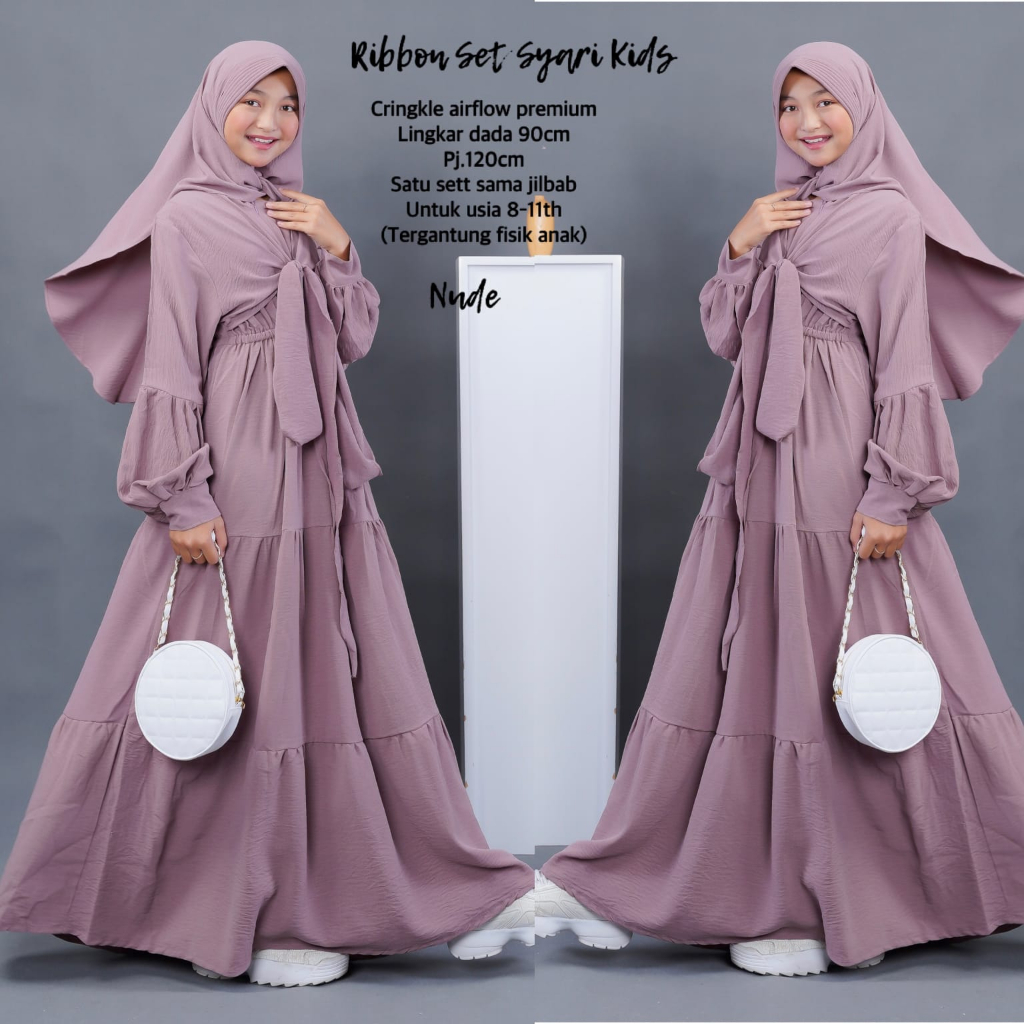 POCKET RIBBON SET SYARI KIDS TEEN REMAJA BY SANCAKA BAHAN DRESS MAXY CRINKLE PREMIUM JILBAB PLAIN