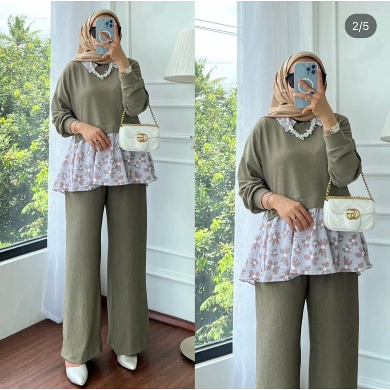 setcel wanita kombinasi flower setelan kaos knit setelan celana wanita