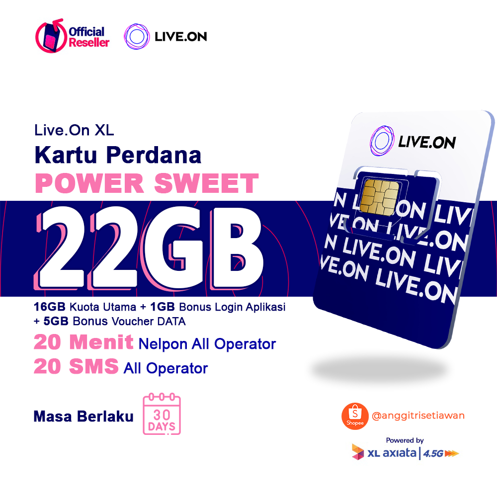 22GB Kartu Perdana Live.On Power Sweet 16GB + 1GB + Bonus Voucher 5GB ( 30 Hari ) by XL AXIATA Kuota
