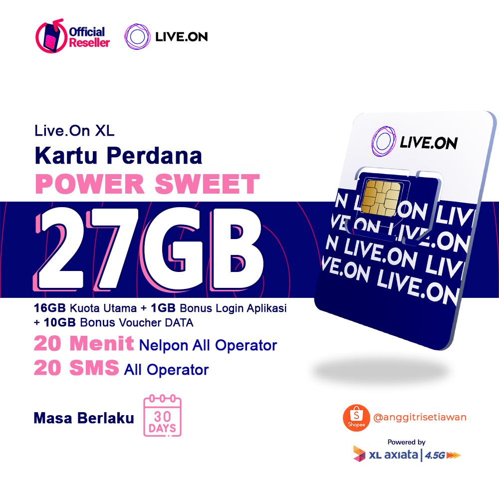 27GB Kartu Perdana Live.On Power Sweet 16GB + 1GB + Bonus Voucher 10GB ( 30 Hari ) by XL AXIATA Kuot