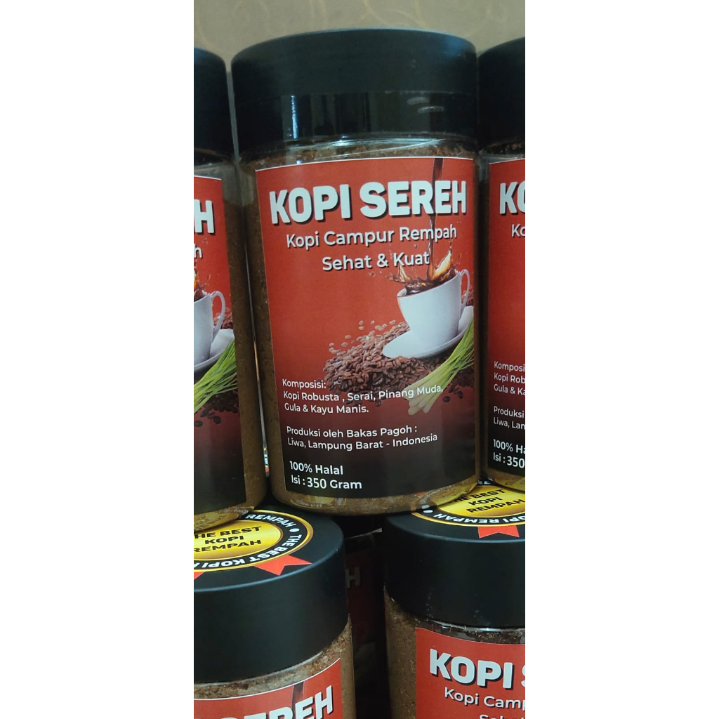 

Kopi Sereh - Bubuk kopi robusta plus rempah (Sereh, Pinang muda, Kayu manis dan Gula) Kopi siap seduh 350 Gram