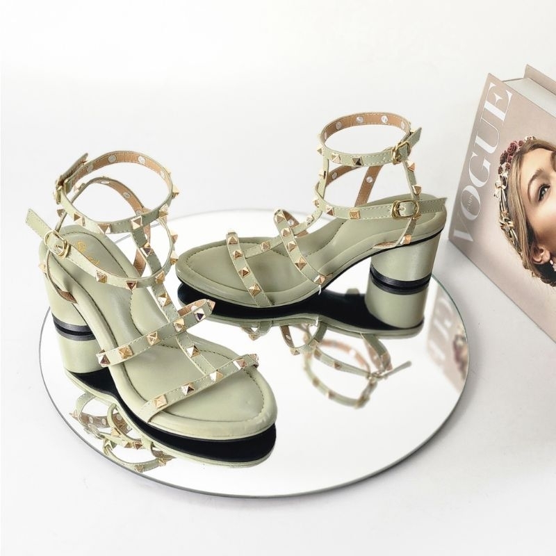 Arlaine Leica Sandal Heels Stud Piramid / Sandal Heels Tali Wanita / Sandal Wanita Hak 5Cm