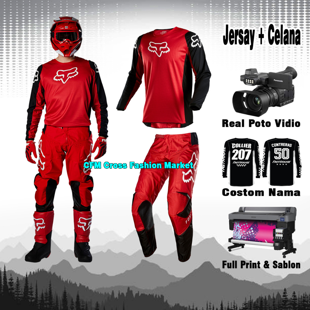 Pakaian Kaos Jersey Baju Set Celana Motor Trail Cross F0X ONEL MERAH RED Jerset Motocross Size Pria 