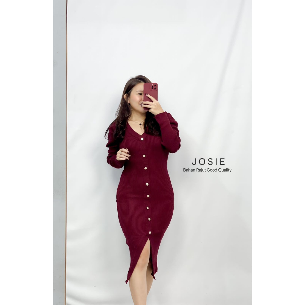 Basic id fashion Dres rajut full kancing  / Dres rajut lengan panjang  / Dres knit bodycon Josie