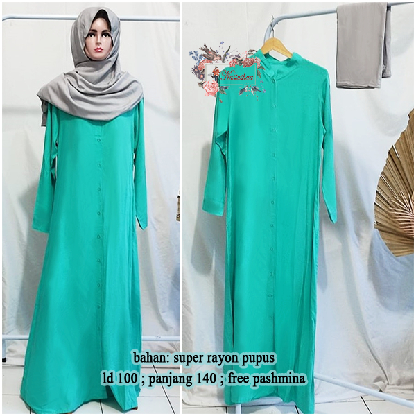 Maxi Wanita Lengan Panjang Long Dress Kerah Shanghai Wanita Warna Tosca Full Kancing Bahan Super Rayon Free Pashmina Warna Abu-Abu+Belt Kekinian