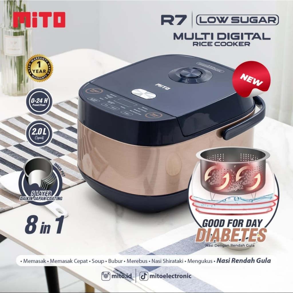 Mito Digital Rice Cooker R7 LOW SUGAR - 2 Liter - 8 in 1 Function R 7