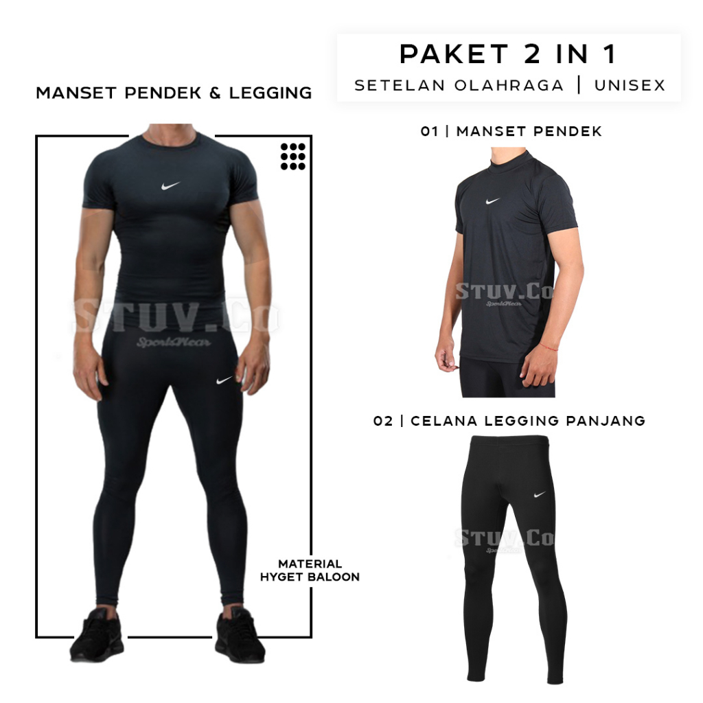 2IN1 STELAN OLAHRAGA MANSET BASELAYER LENGAN PENDEK DAN LEGGING PANJANG OLAHRAGA PRIA WANITA