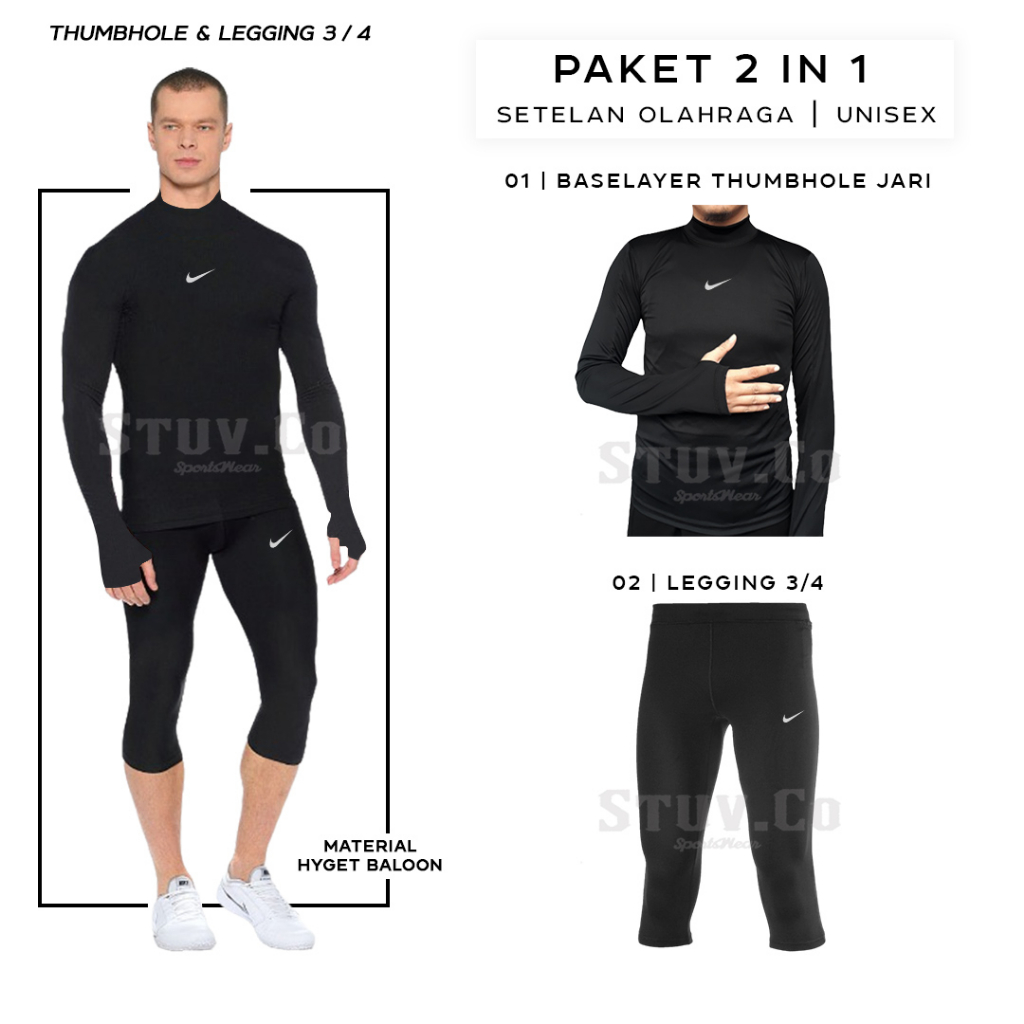 PAKET 2IN1 OLAHRAGA MANSET BASELAYER TANGAN PANJANG JARI DAN CELANA LEGGING PENDEK OLAHRAGA UNISEX