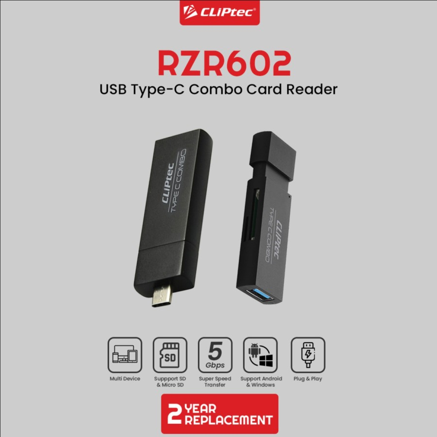 Type-c card reader direct cliptec SD TF micro sd w/ usb A 3.0 hub 5Gbps rzr-602 - pembaca kartu memori rzr602