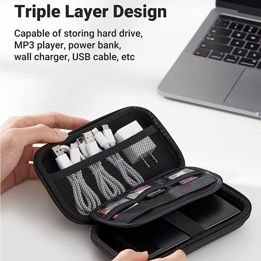UGREEN ORIGINAL Organizer Hard Case Large Pouch Black Eva Bag Tempat Headset Earphone Kabel Charger Flashdisk FD Flash Disk Kotak Kecil Storage Travel Ori