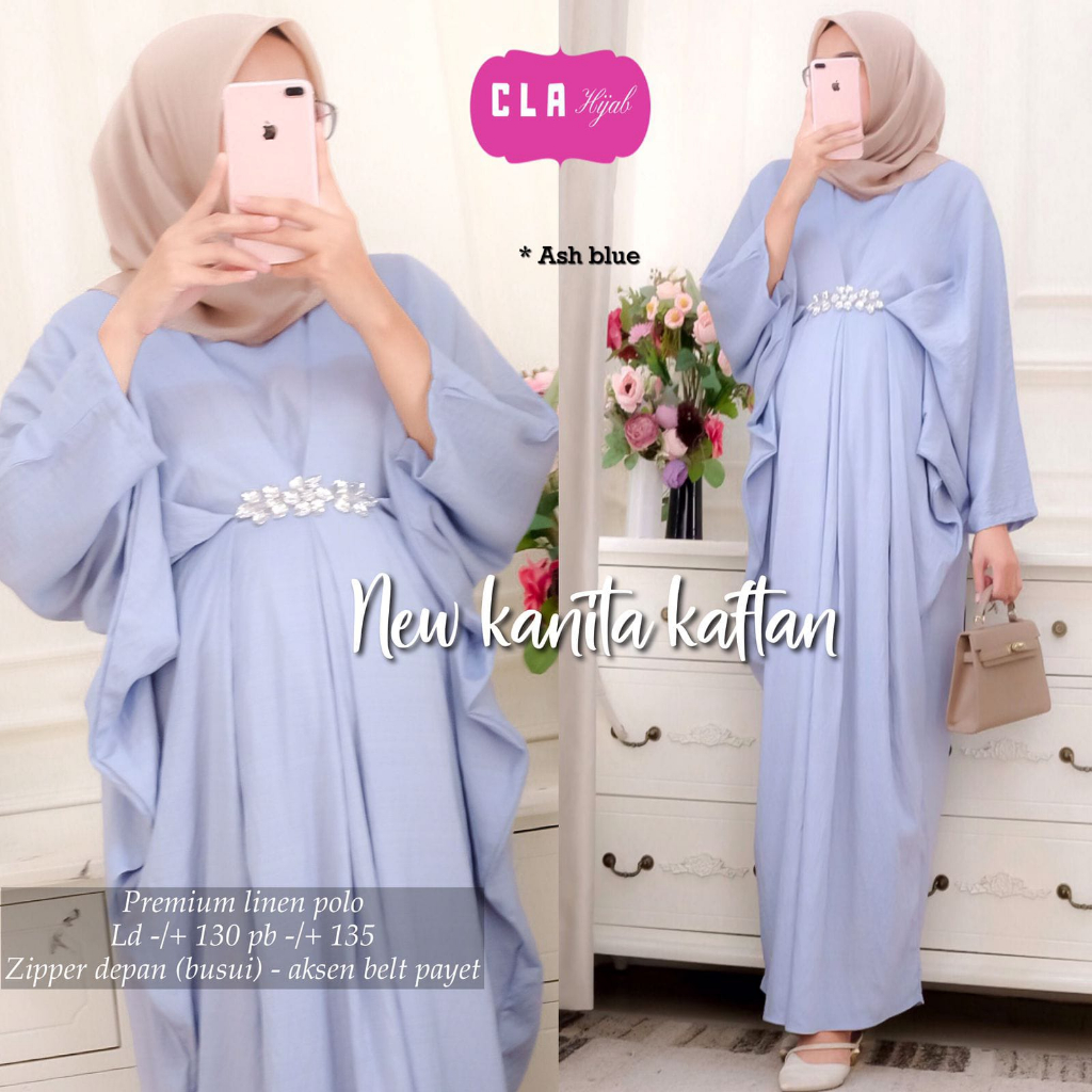 NEW KANITA KAFTAN DRESS MAXY PLAIN BY CLA BAHAN PREMIUM LINEN POLO BUSUI AKSEN BELT PAYET